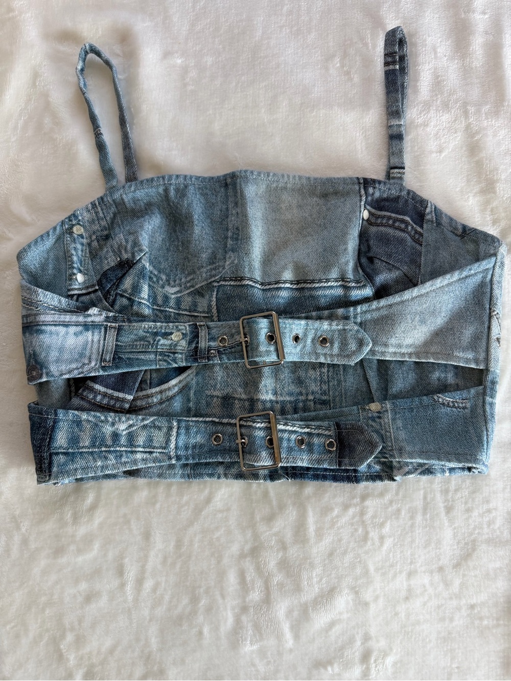 Fashion Nova Blue Denim Crop Corset Top with Dual Belts